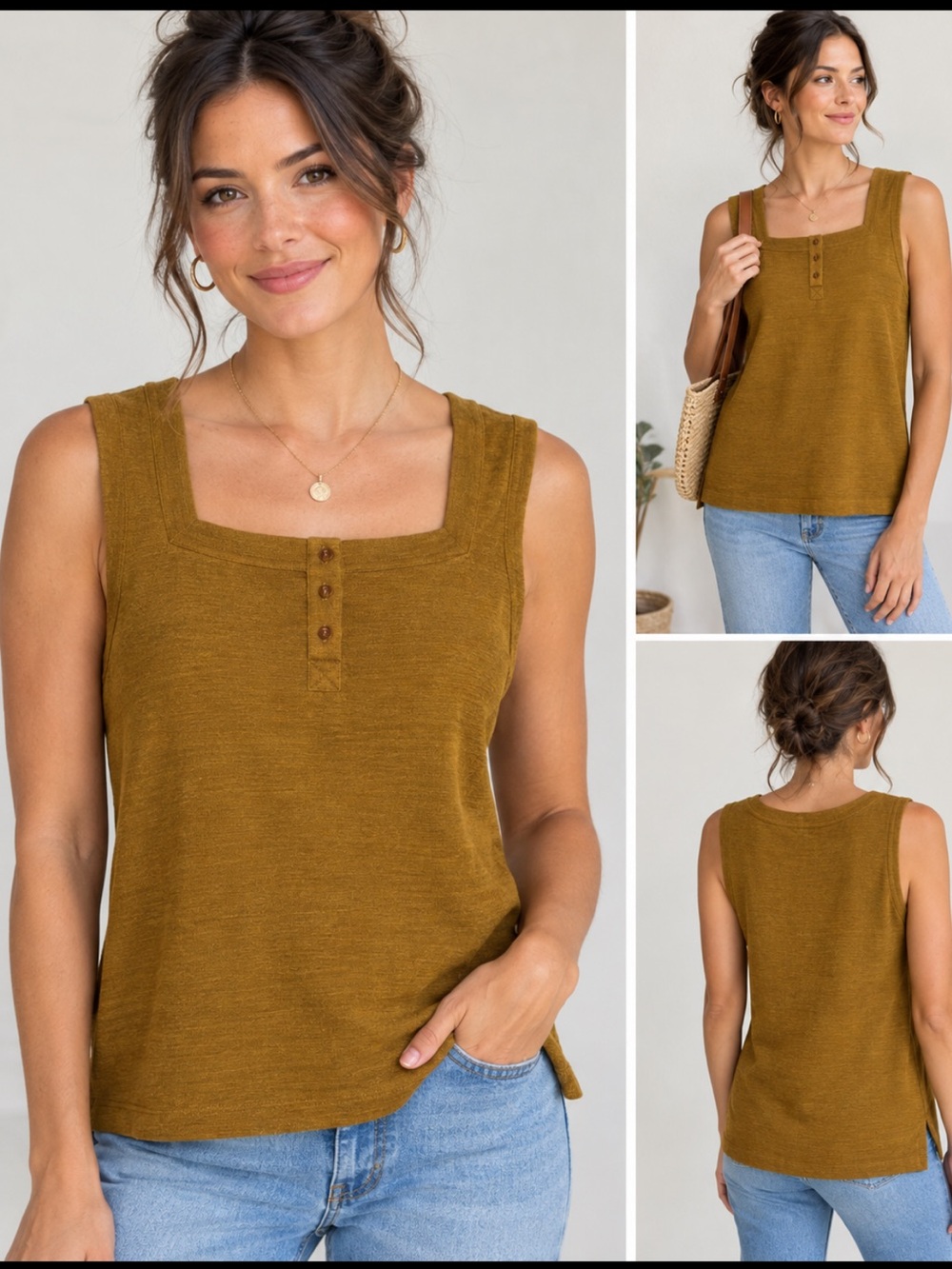 Anthropologie Olive-Mustard knit Square Neck Tank bottom back. S